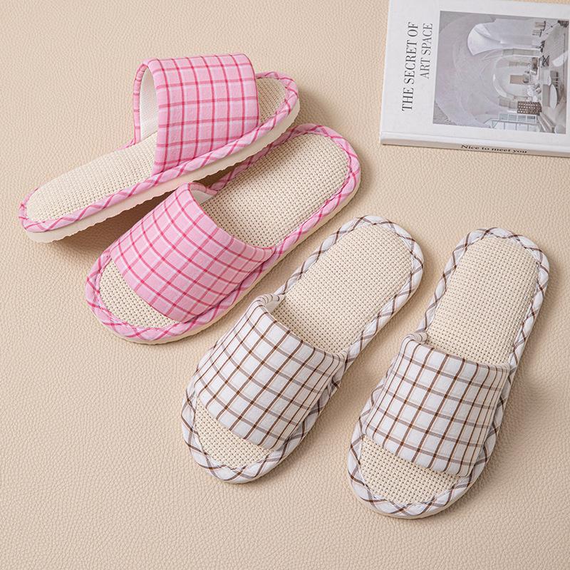 Women's Linen House Slippers Indoor Breathable Open-Toe Slippers Non-Slip Memory Foam Outdoor Casual Home Shoes for Women Lightweight Bedroom Slides