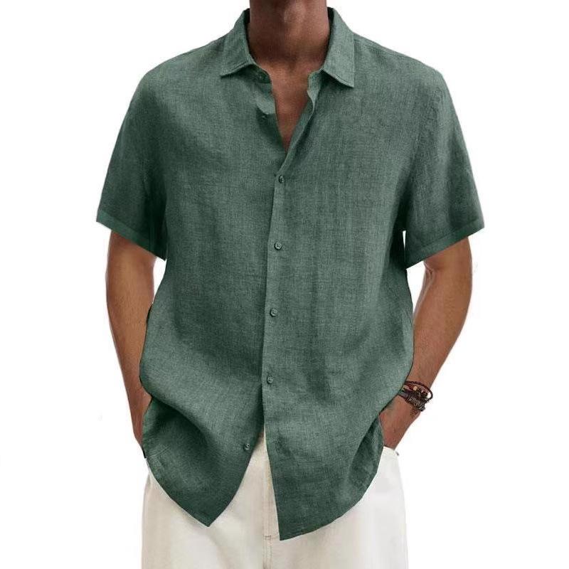 

Men Cotton Linen Blouse Summer Turn Down Collar Short Sleeve Button Loose Blouse Tops Oversized 4XL зелений