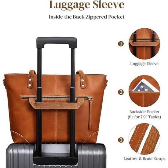 Genuine Leather Tote Bag for Women Work Shoulder Crossbody Purses Handbag with Outside Pockets