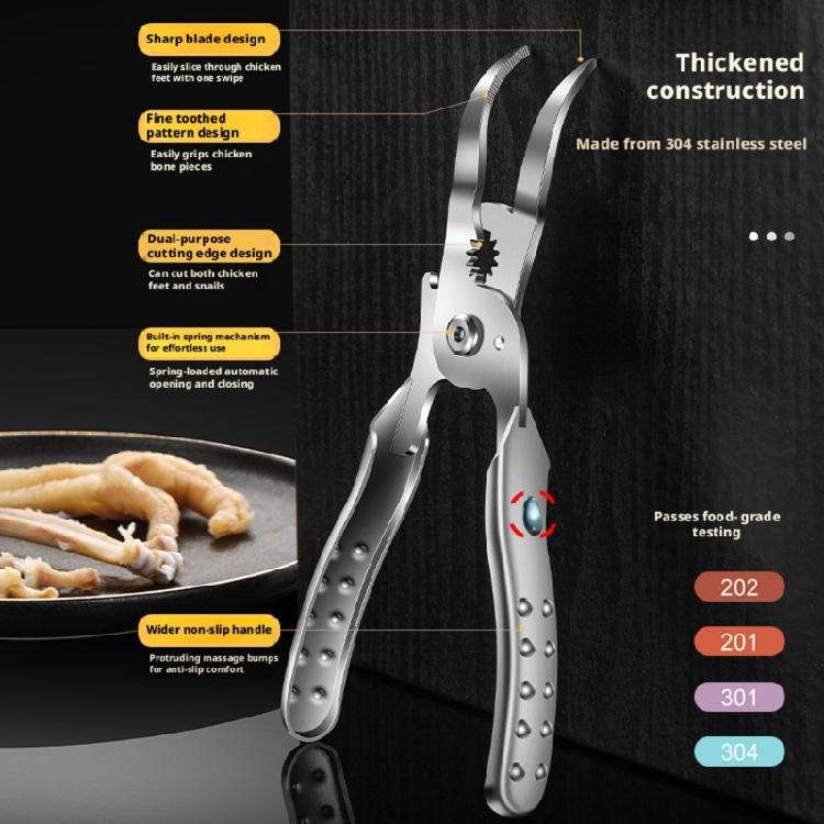 Chicken Feet Deboning Tool with Long Handle, 304 Metal Body, Grip Slot, and Spring Return for Poultry Work and Tail Removal for Kitchen Use