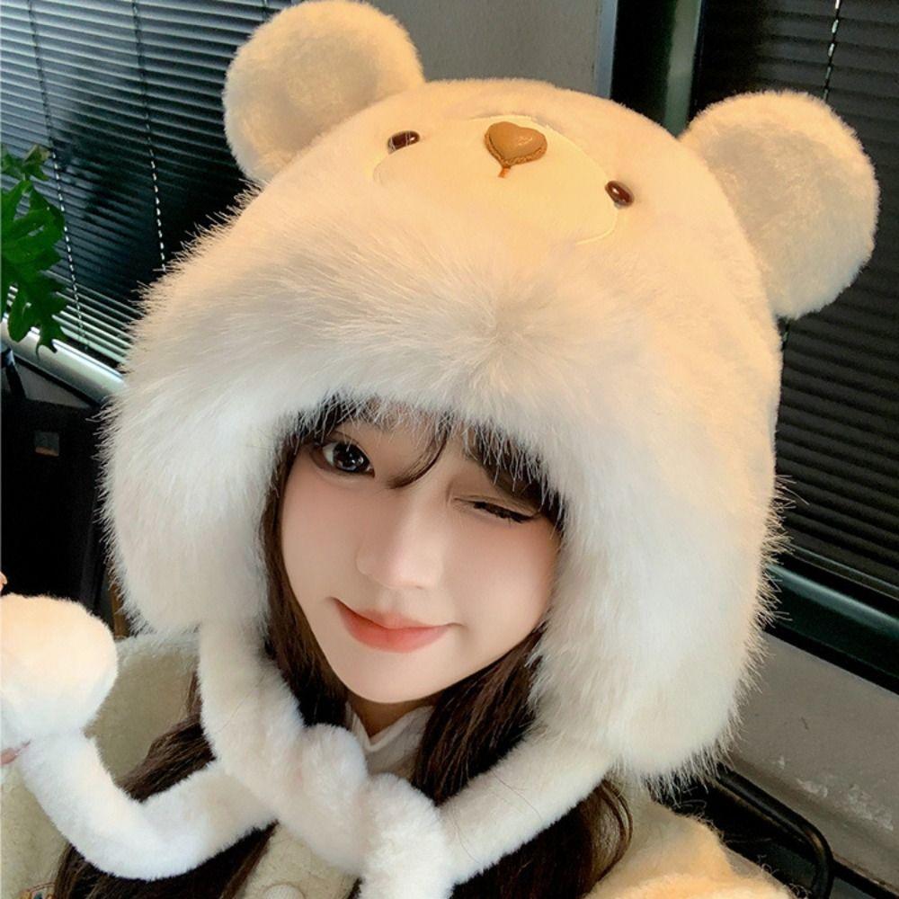 Plush Bear Pullover Cap Soft Winter Warm Hat Creative Bear Ear Beanies Hat  Streetwear