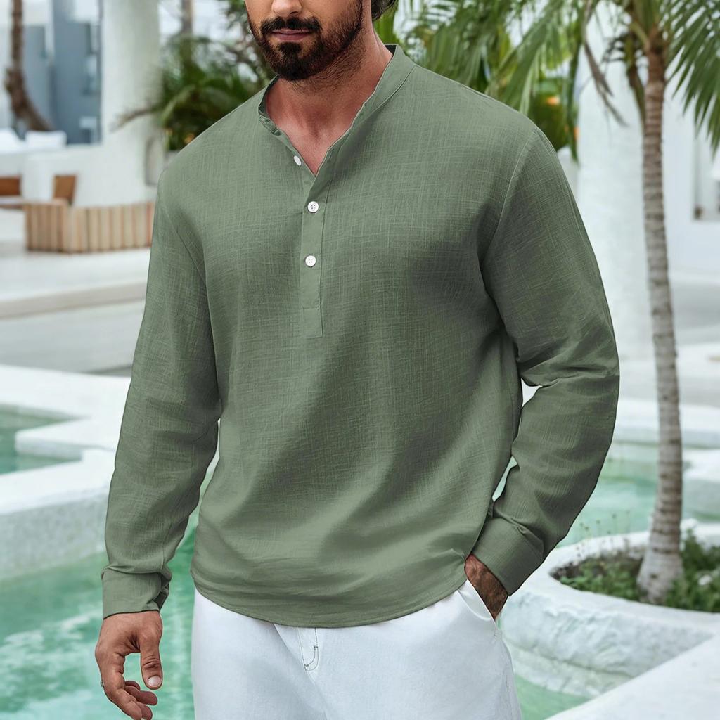 Men's Casual Stand Collar Half Door Cylinder Color Knot Cotton Linen Long Sleeve Shirt