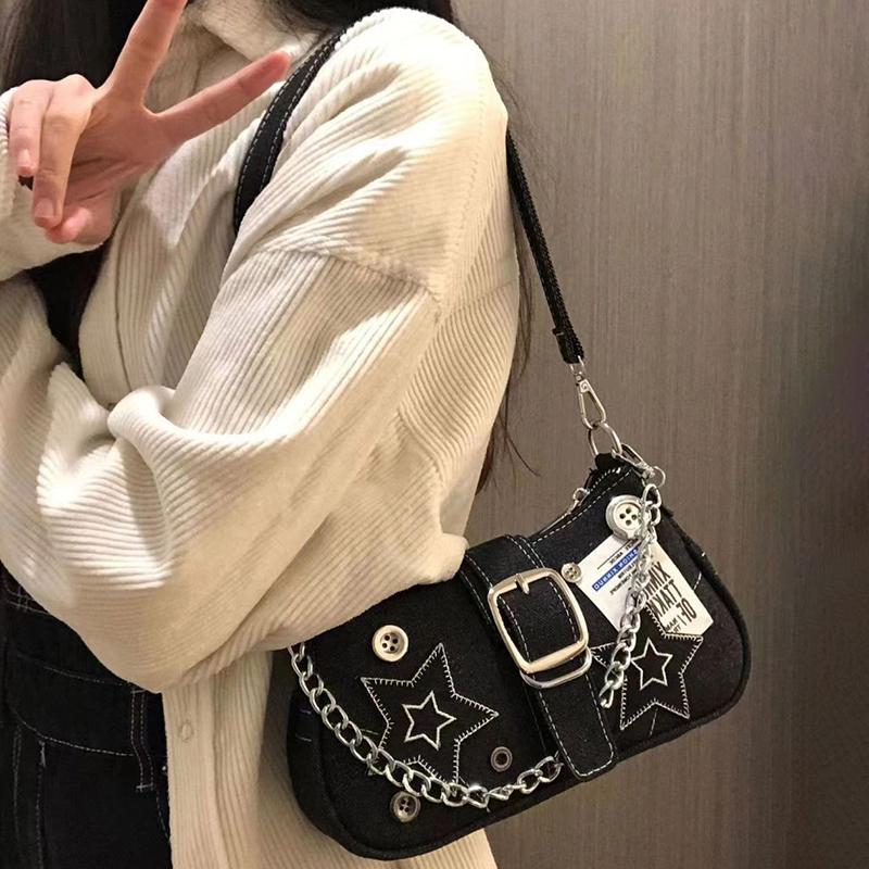 Damenhandtaschen Denim Sterne Muster Cool Girls Y2K Achseltasche Canvas Weiblich Kleine Umhängetaschen Kette Tragetasche
