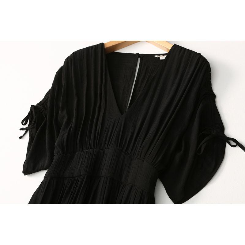 Foreign Trade Original Order Tight Waist Slimming V-Neckline Classy Noil Poplin Dress Summer Thin Ruched Long Dress Plus Size Women's Clothing