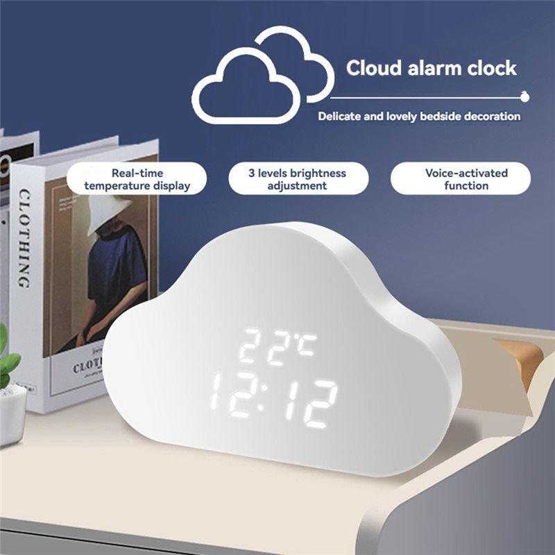M-Modern-Alarm Clock Cloud Clock Bedside Snooze Small Alarm Clock Student Calendar Luminous LED Voice Digital USB Home Clock A