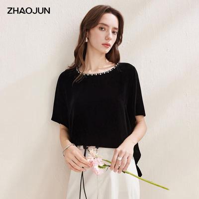 Zhaojun Elegantes Samt-Perlen-Rundhals-Kurzarm-Oberteil