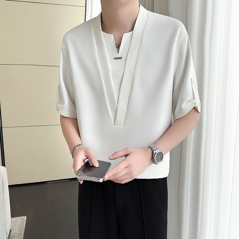 Fashionable V-Neck Spliced Shirts Men's Clothing Short Sleeve All-match Summer New Casual Solid Color Korean Daily Shirts