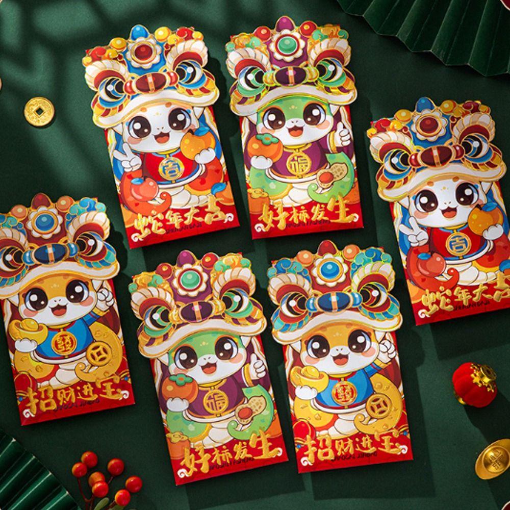 6pcs Cartoon 2025 New Year Red Envelopes Blessing Red Packet Chinese Snake Year Red Envelopes  Bonus