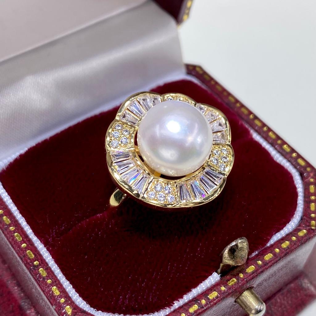 Light Luxury Natural Freshwater Aurora Pearl Women's Ring with Round Beads 18K Gold Envelope, Minimalist and Retro Design, Full of Diamonds