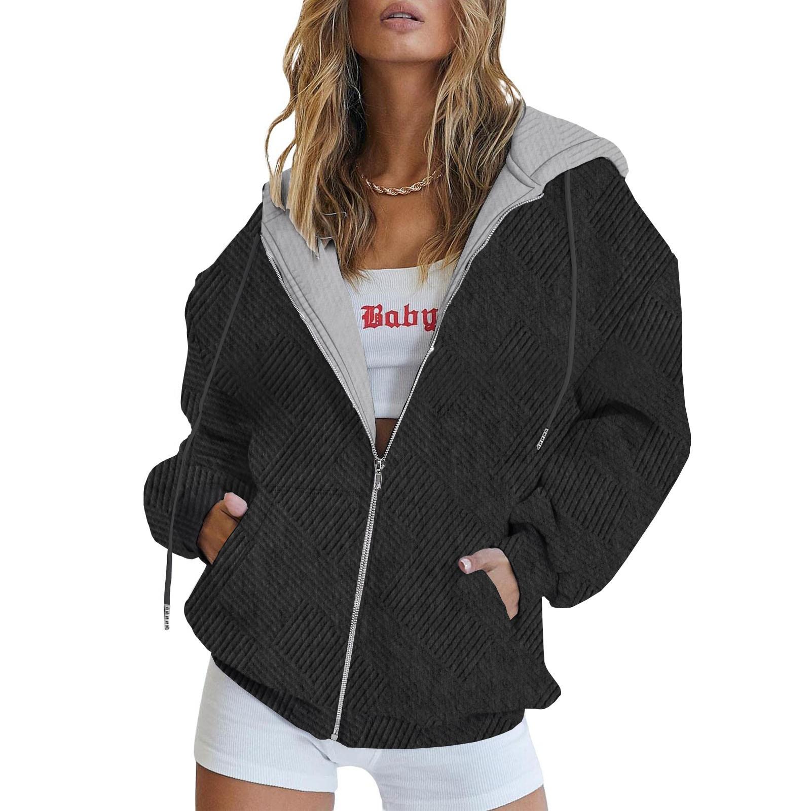 

Женская толстовка на молнии, женская осенняя модная блузка, легкая толстовка с капюшоном, куртка с карманами M чёрный