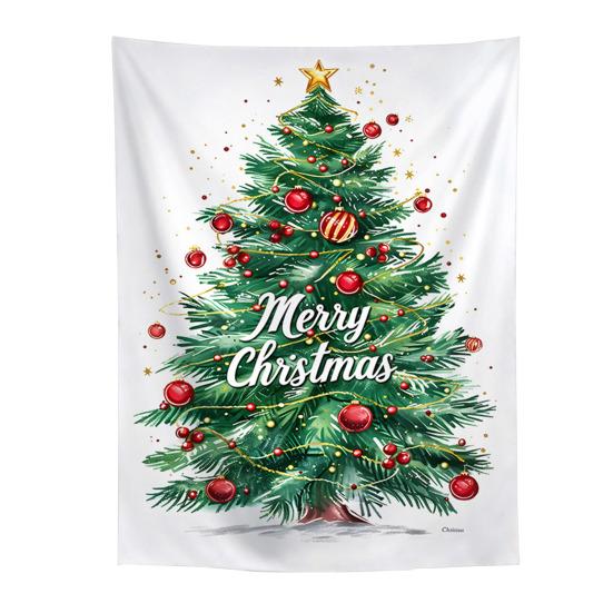 Festive Window Hanging Merry Christmas Tapestry, Wall Fabric Backdrop, Xmas Tree Winter Holiday Party Scene Decoration Art for Living Room,