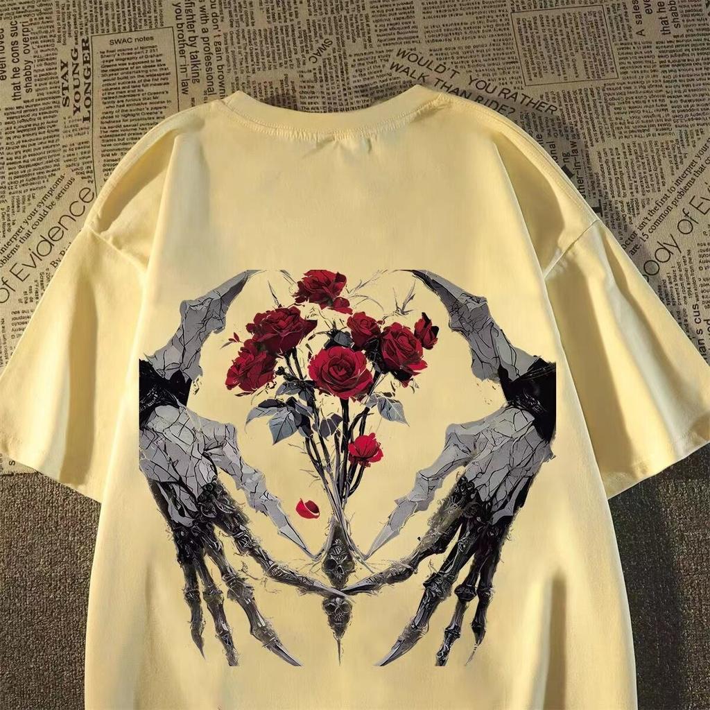 2026 New Fashion Hiphop Dark Retro Skull Rose Print Mens and Womens Short Sleeve TShirts Plus Size Crew Neck Top