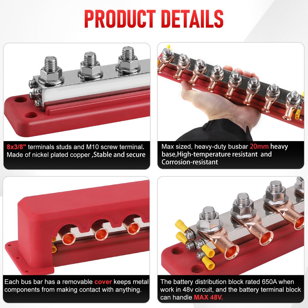 24V Power Distribution Block M10 Termianl Bus for Automotive Boat Car Terminal Block Negative Bus Bar 24V 600A Terminal Block