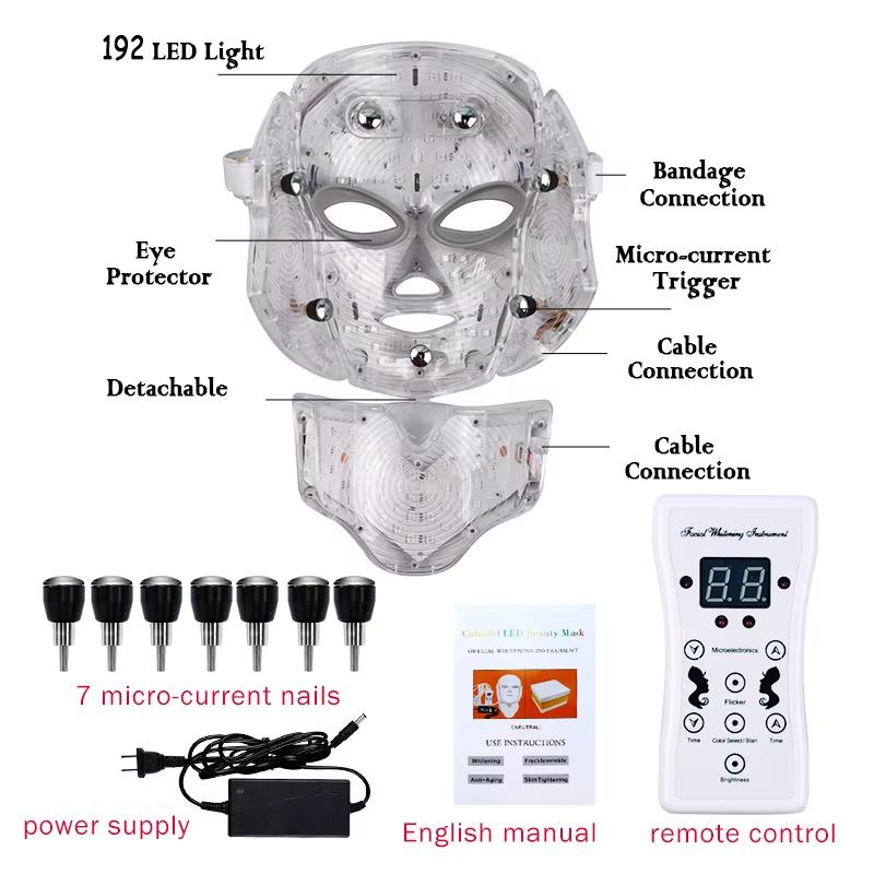 Professional 7 Colors LED Face & Neck Beauty Mask - Home Skincare Light Therapy Device with Remote Control