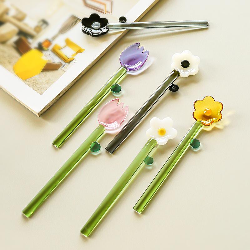 6Pcs/Set Glass Spoons High borosilicate Flower Sunflower Tulip Colorful Tea Coffee Spoons Long Handle Mixed Spoon