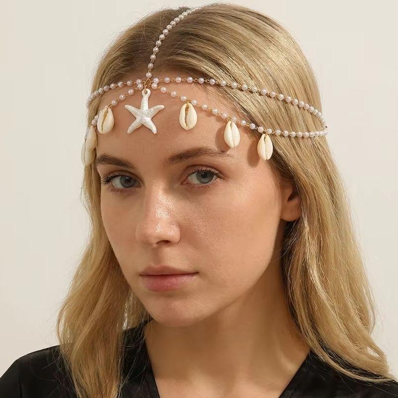 Catena per Capelli Boho Stile Oceano Stella Marina Conchiglia per Donne Moda Frangia con Perle Finte Accessorio per Capelli Vacanza al Mare Gioiello per Capelli Quotidiano