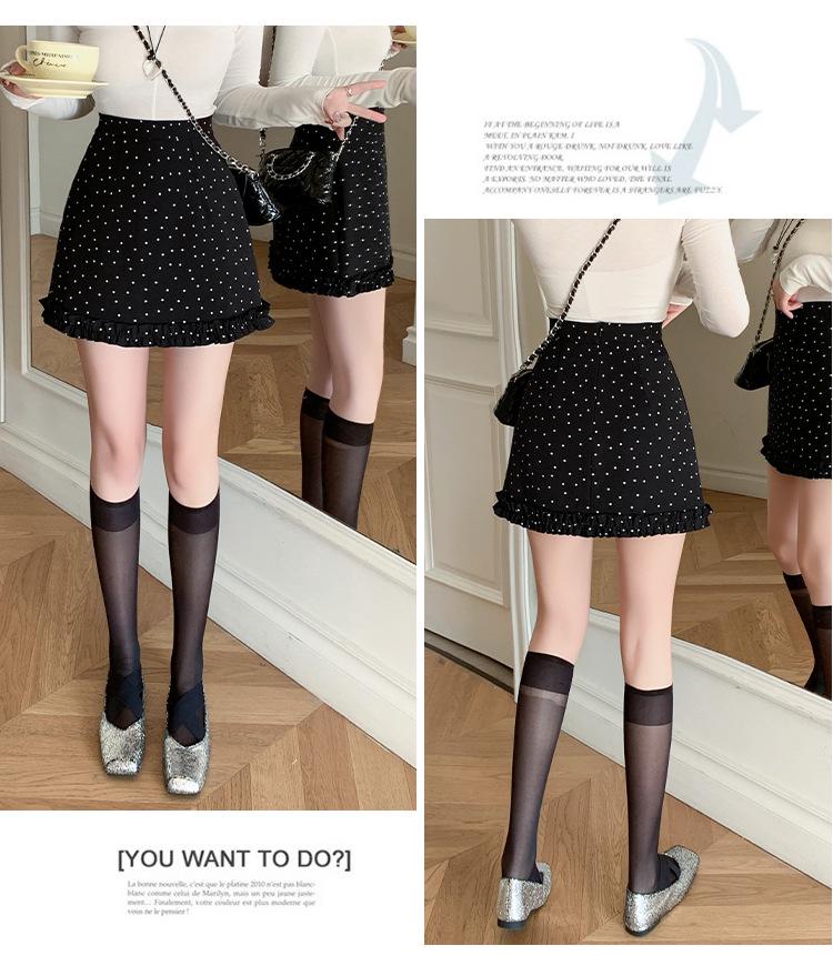 Stylish Black Polka Dot Ruffle-Edge A-Line Skirt for Women - Spring/Summer 2026 Collection