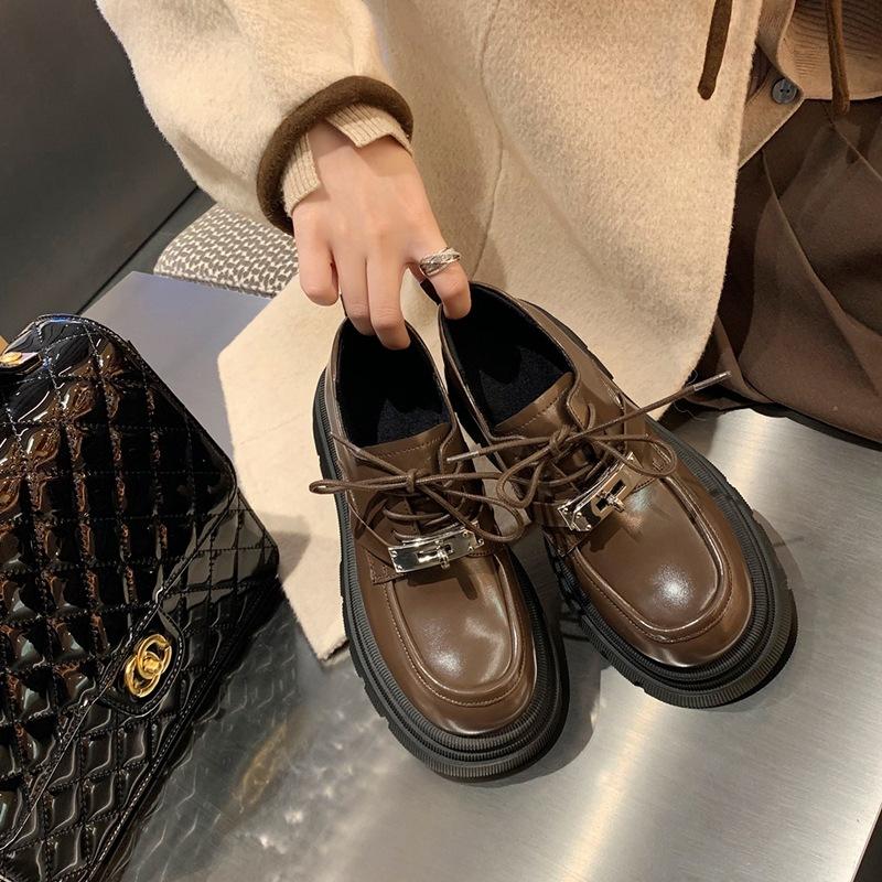 Whole Cowhide~ Grape Mother British Style Lace-up Single Shoes Thick Heel Platform Muffin Loafer Small Leather Shoes Breathable