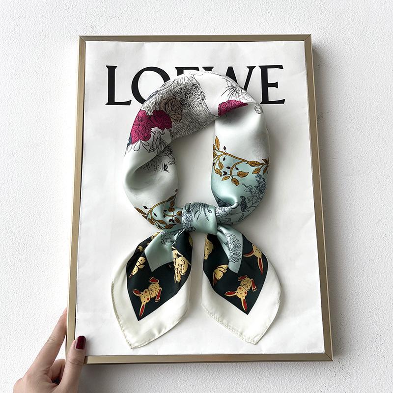 Korean Style Sweet Green Floral Butterfly Faux Silk Scarf - Women’s Versatile Spring/Summer Neck Scarf, 70cm Square.