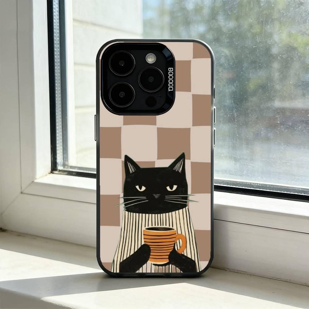 The Lazy Cat with Coffee Phone Case For iPhone 17,16,15,14,13,12,11 Plus,Pro Max,XS,Colorful Silver Black Cover