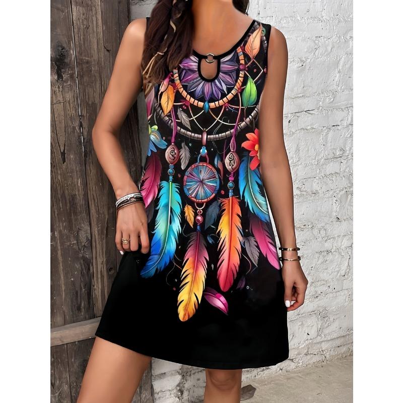 

Fashionable round neck metal buckle decoration hollow design feather print casual temperament sleeveless vest dress S