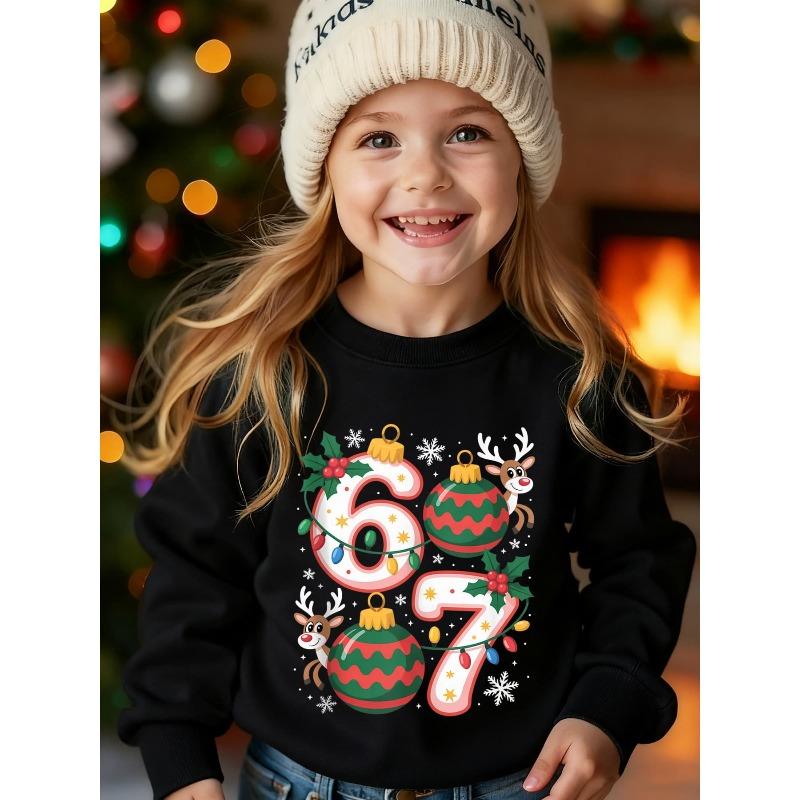Unisex Kids Black Crewneck Sweatshirt For 4-12 Boys Girls Christmas Bauble Reindeer Holly Snowflake Number 67 Print Soft Fleece Long Sleeve Pullover 110 чёрный