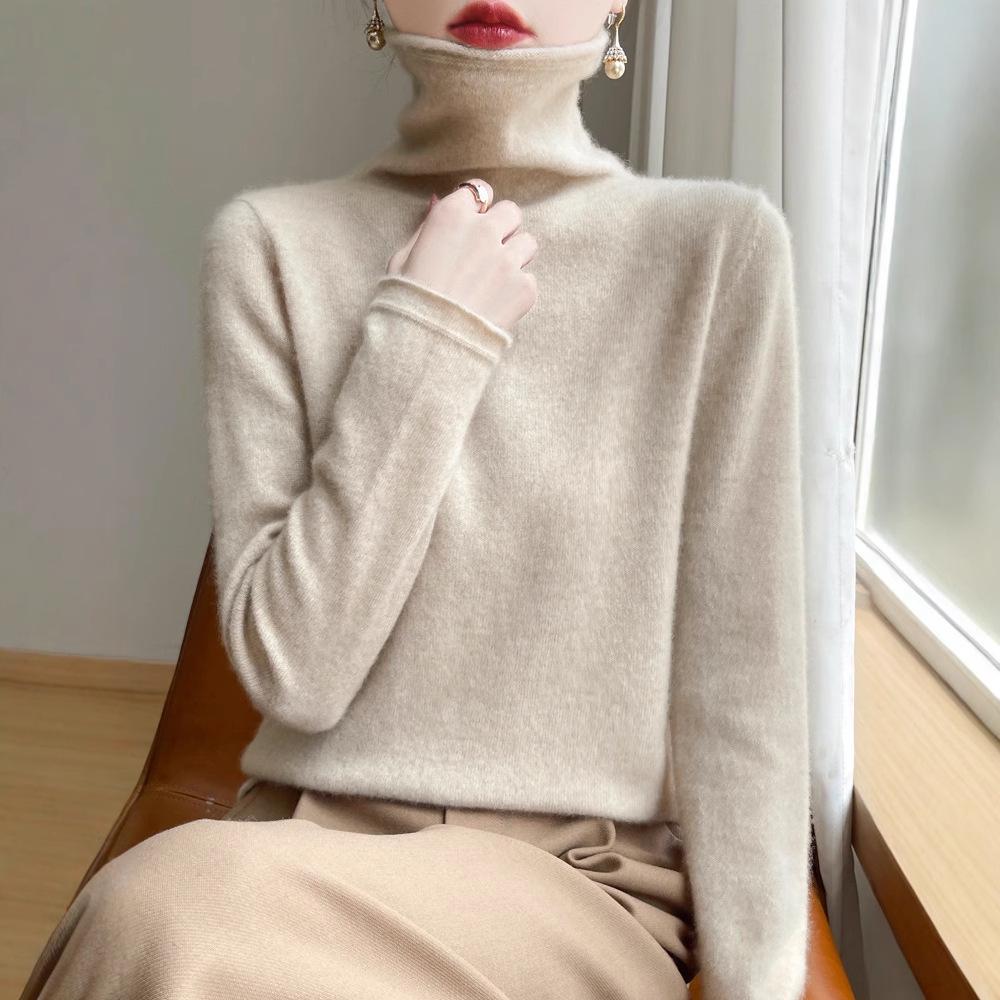 Women's 100% Wool Rolled Edge Turtleneck Sweater - Loose Fit Pullover Knit Base Layer