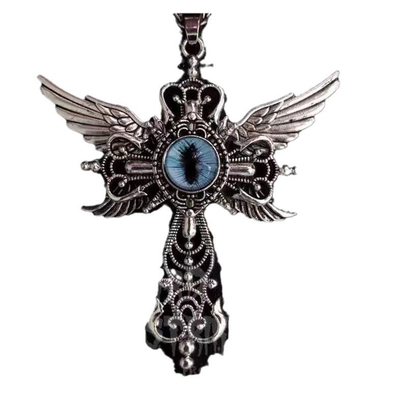 Natural Blue Devil's Eye Pendant Ornament Creative Devil Wings Cross Necklace