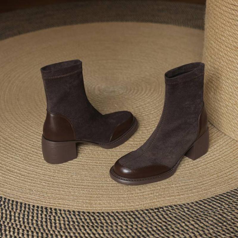 New Comfortable Sleeve Suede Martin Boots Korean Version High Heel Large Size Women's Boots Round Head Thick Sole Autumn and Winter Medium Boots