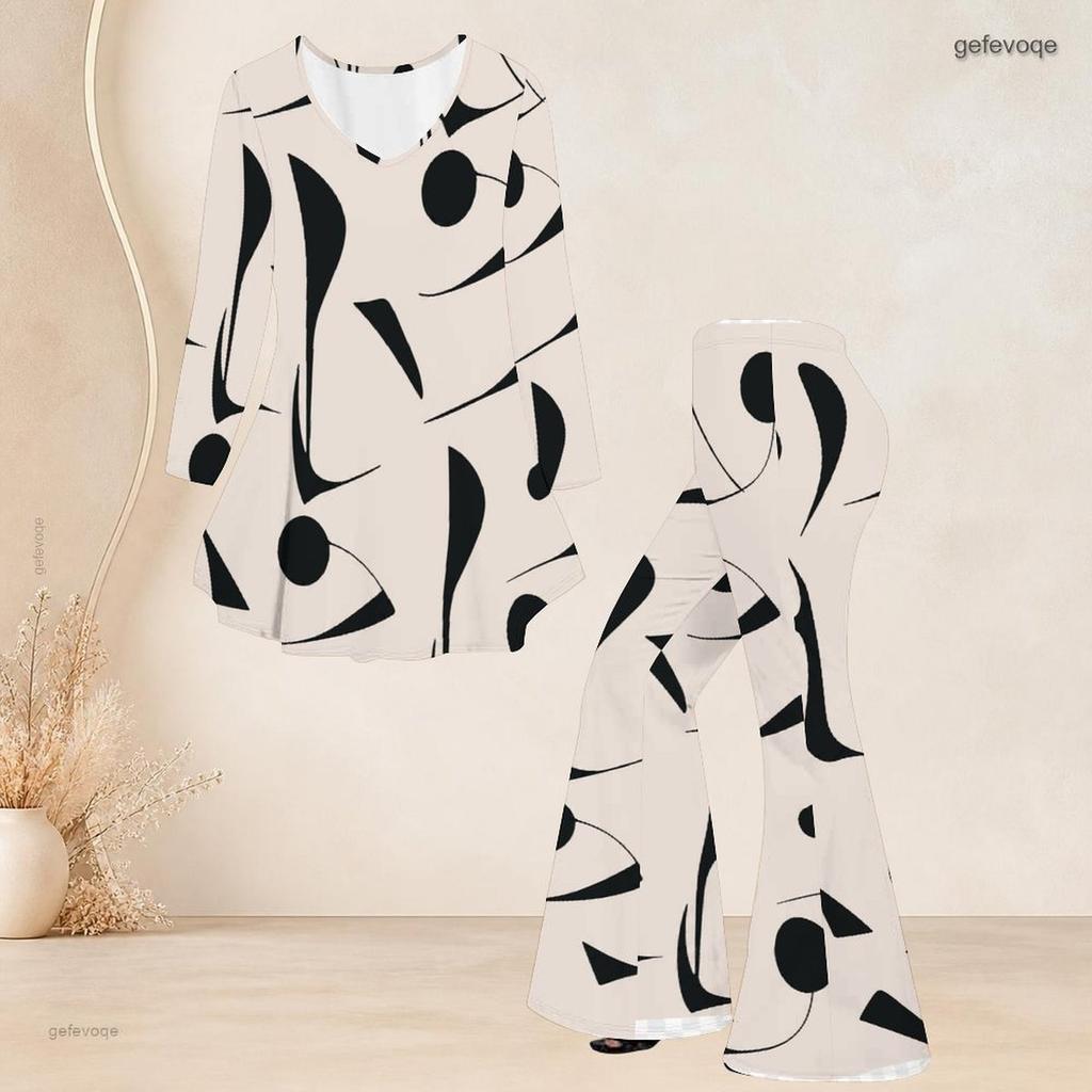 Women Plus Size White Navy Blue Printed V Neck Three Quarter Sleeve Flared Top Flared Pants Two Piece Set