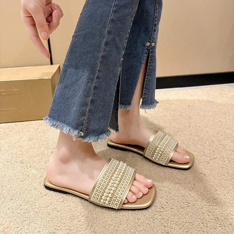 Women's Fashion Slippers Pearl Flat Sole Square Toe Shoes for Women Leisure Daily Commute French Summer 2025 Zapatillas De Mujer