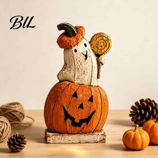 Gift for Halloween Enthusiasts Pumpkin Ghost Wooden Figurine, Vintage Tabletop Decor, Jack O Lantern Window Sill Ornaments Statue with Stable