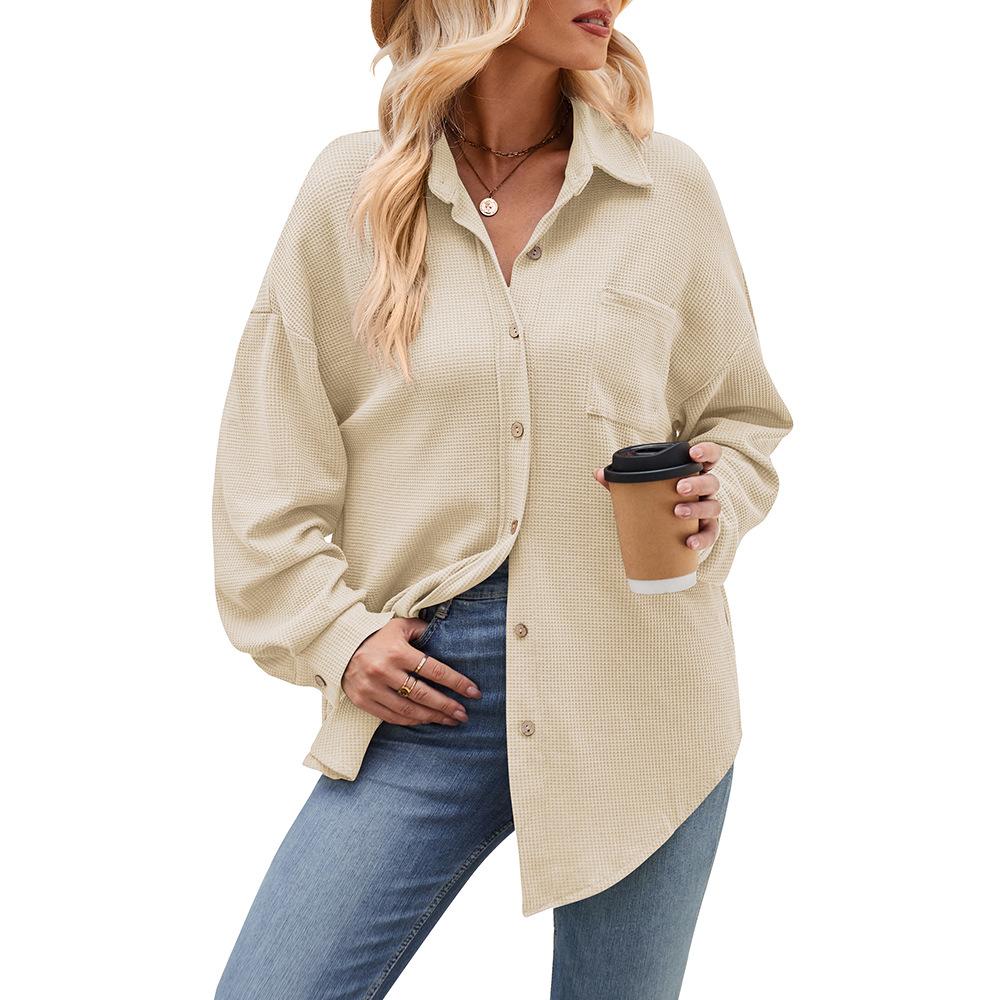 Dames Herfst en Winter Casual Losse Zak Wafel Mode Shirt