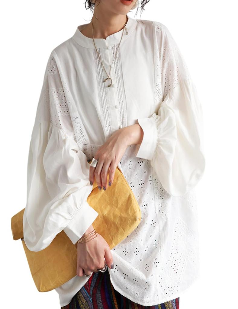 Antiqua Lace Docking Long Size Women's Shirt, Sleeve, PY-00814, F, 49, Off-White