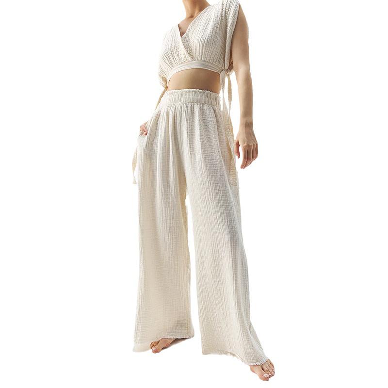 High-Waisted Wide-Leg Cotton Gauze Trousers with Loose Edge Design for Women