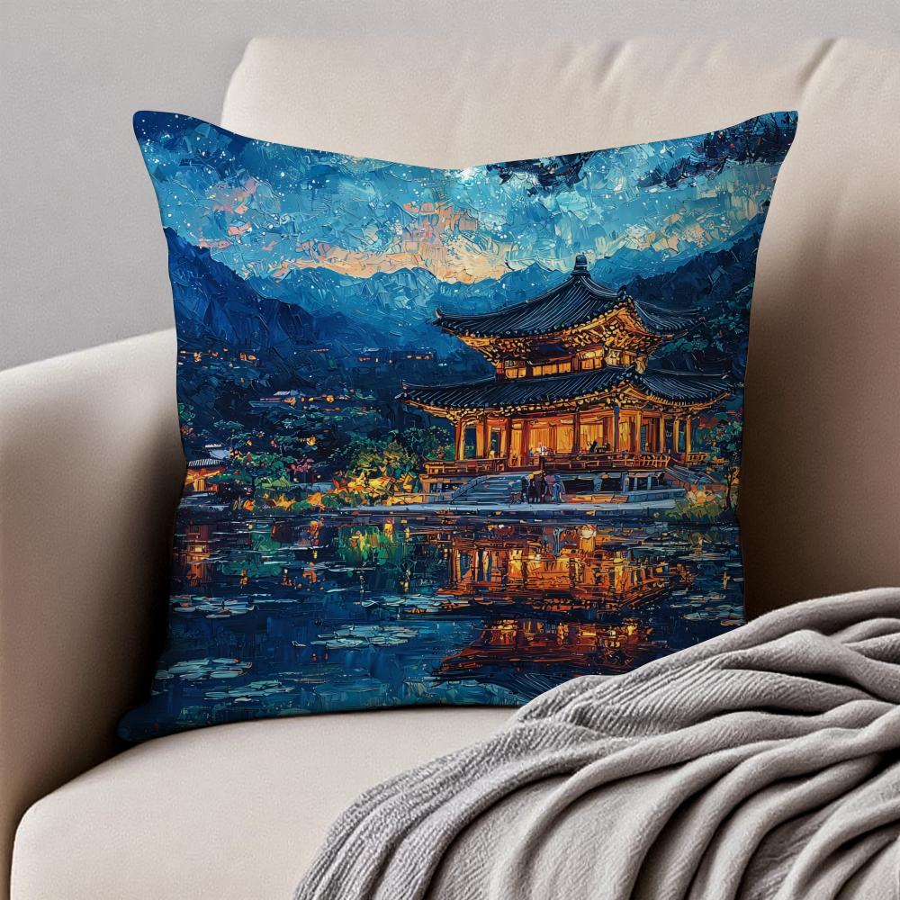 Historic Korean Landmark FFoguo Temple Cushion Cover Pillowcase Antidustmite Invisible Zipper Short Plush Sofa Cushion