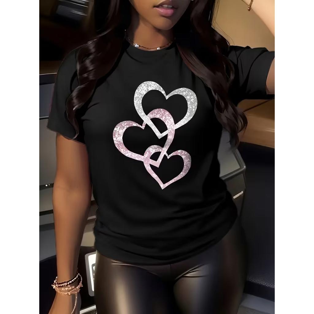 Version Regular Short Sleeve Heart Print T-Shirt for Women