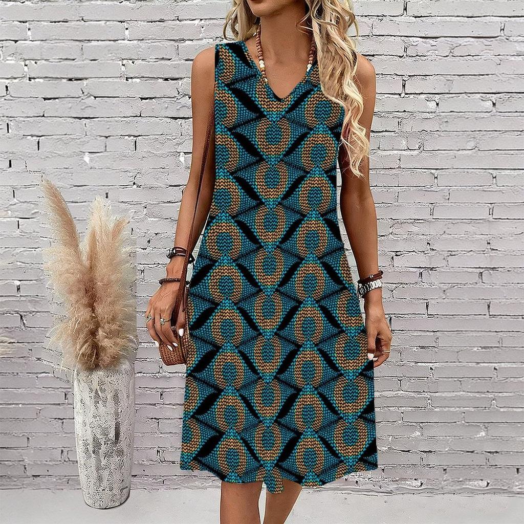Plus Size V Neck Sleeveless Dress Far Mountain Cloud Ink Print For Wetland Park Tour