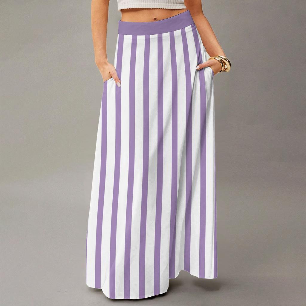 Damen Lässig Freizeit Faltbar Gestreift Kariert Druck Hohe Taille Mit Tasche Drapierter Entspannter Langer Maxi Rock