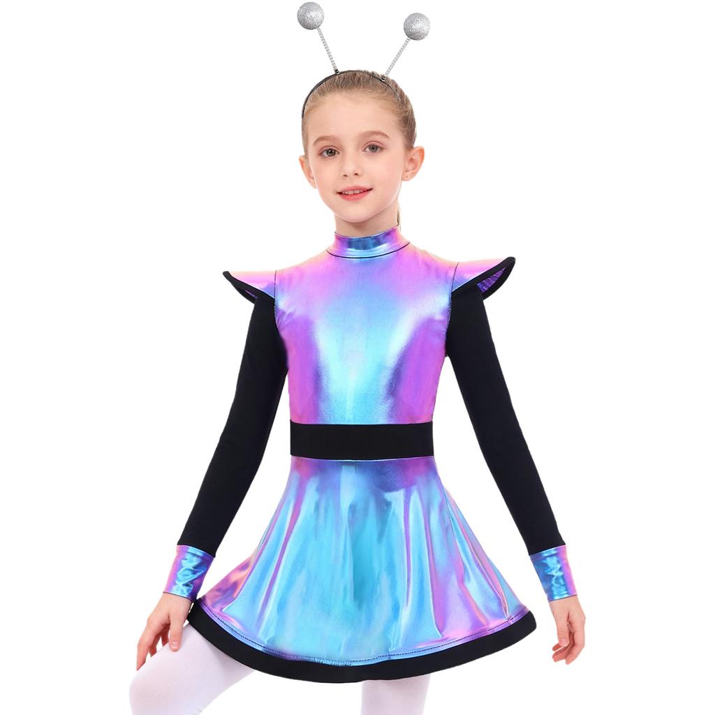 Girls Alien Costume Set Patchwork Metallic Dress Mock Neck Long Sleeve Built In Shorts Matching Hair Hoop