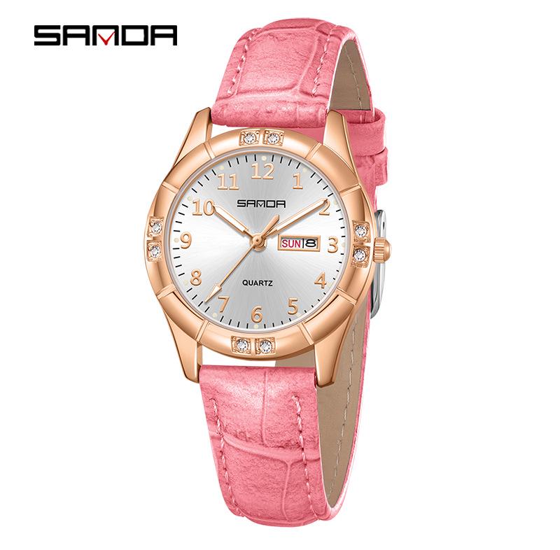 Sanda Junior High Student Retro Quartz Watch - Luminous, Dual Calendar, Waterproof, Sun Pattern, Fashionable Women s Style