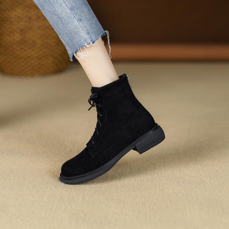 Autumn and winter Korean version women's medium boots thick-soled non-slip large-size leather boots suede comfortable rear zipper round-head knight