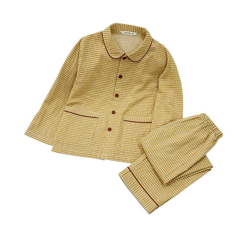 Plaid Trim Pure Cotton Children's Pajama Set - Autumn/Winter