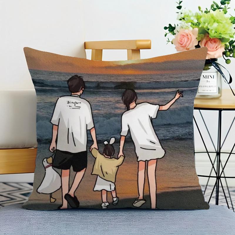 Happy Family Print Decorative Pillowcase Bedroom Living Room Square Cushion Pillowcase