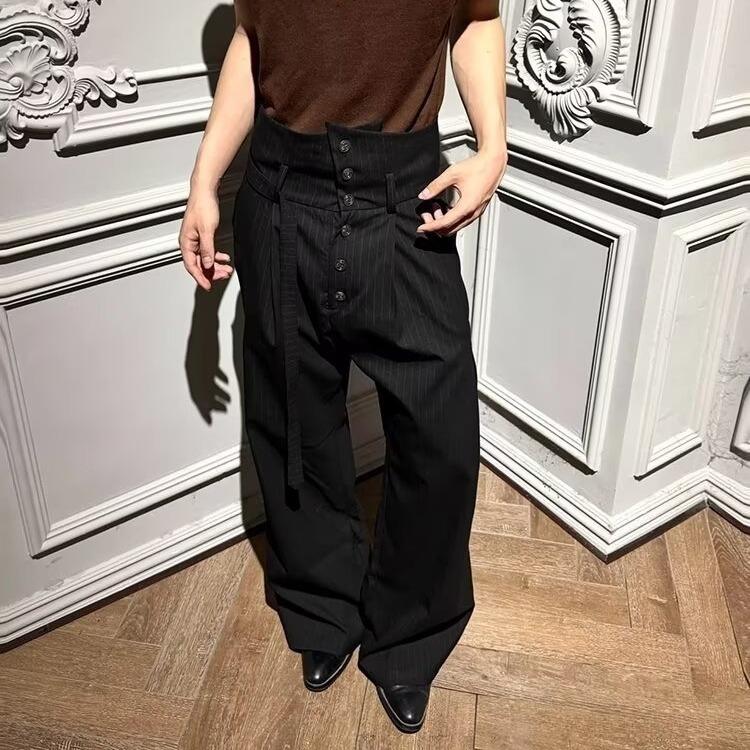 Zen Pleated Embroidered Straight Tube Slightly Pulled High Waist Striped Trousers High Street Men's and Women's Pendant Casual Trousers