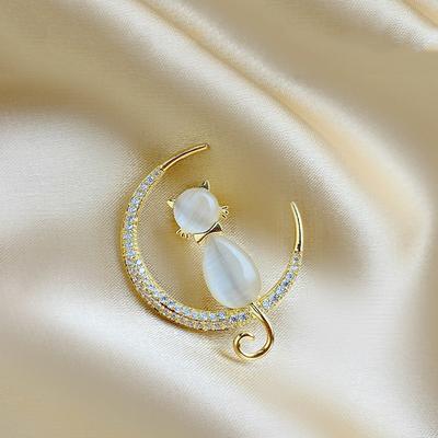 Diamentowa Inkrustowana Podwójny Kot Vintage Broszka Kreskówkowy Pin Transgraniczny Kamień Kociego Oka Stop Broszka Damska