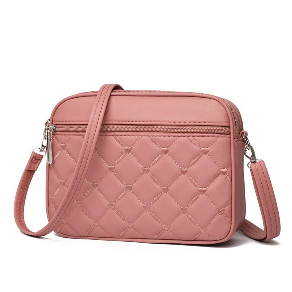 PU Leather Crossbody Bag Heart-shaped Embroidery Zipper Messenger Bag Solid Color Small Square Bags for Women Ladies