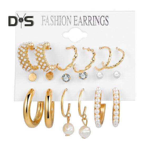 

1 комплект, женские серьги Huggie, комплект из искусственного жемчуга и горного хрусталя, C-образный, антиаллергенный, гальванический, легкий, из нержавеющей стали, украшения для ушей, ювелирные изделия, дорожные уши золотистый