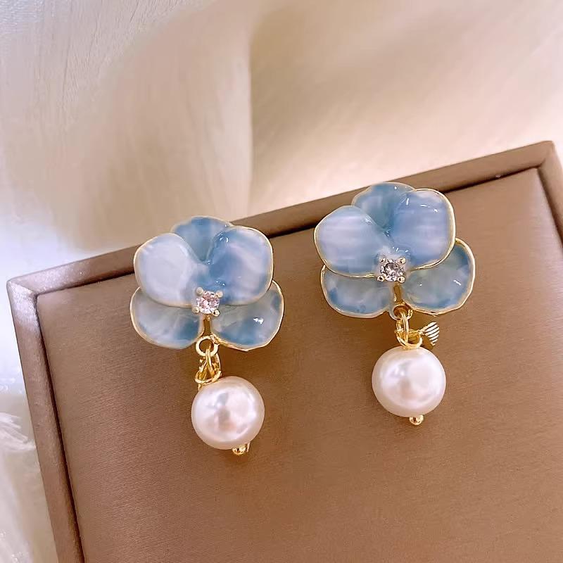 Blue Enamel Flower Pearl Drop Earrings - Unique Retro Forest Style