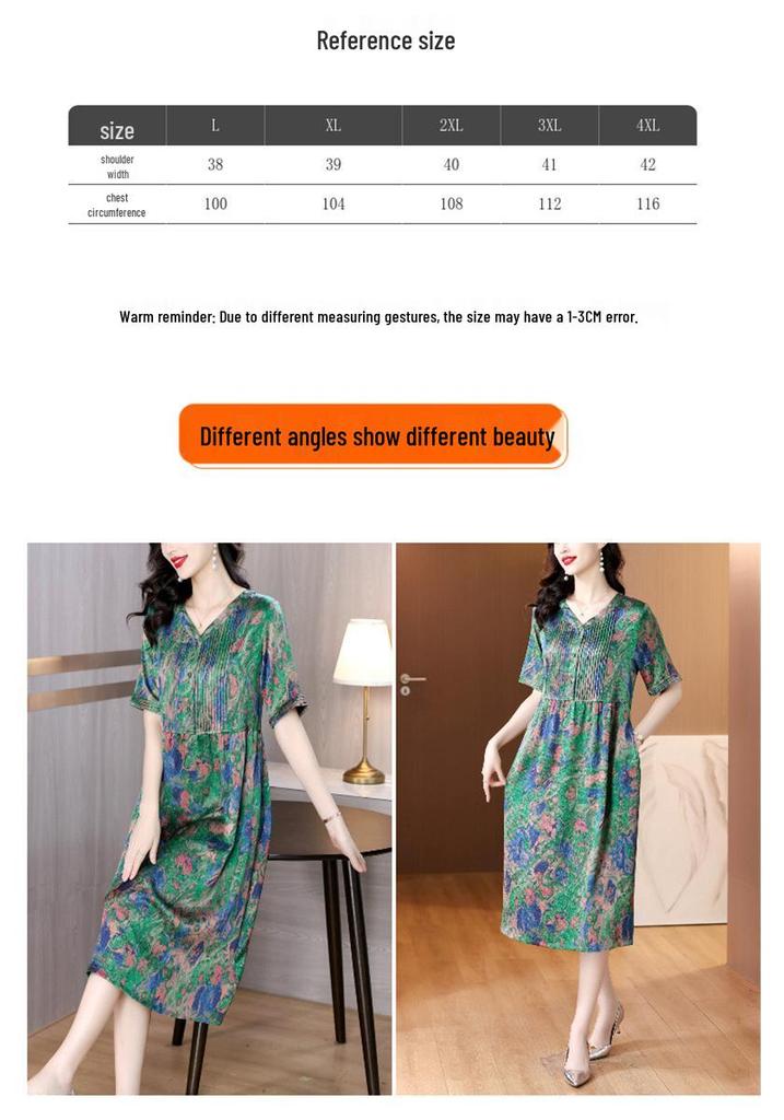 Thirteen Rows Women's Satin Print Casual Dress, Slimming Fit for Middle-Aged Moms, Short Sleeve
